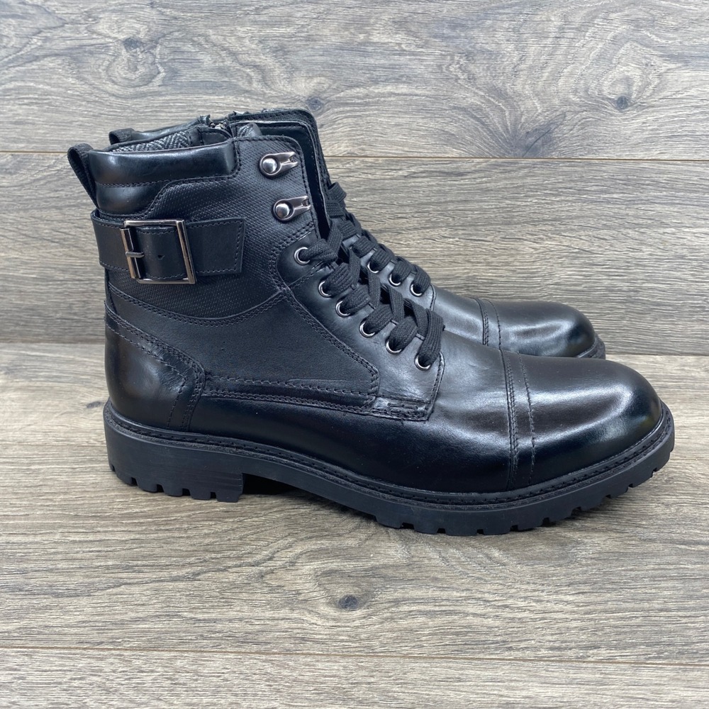 Steve Madden Snyder Combat Boot Mens Size 12 Black Leather Lace Up Side Zip Lug